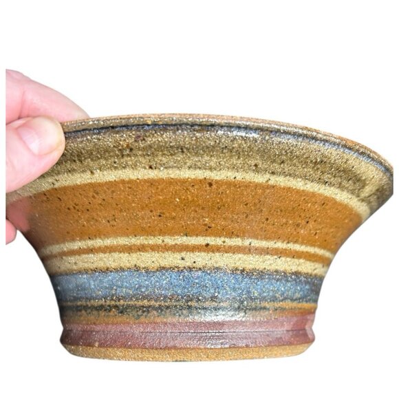 Vintage 1970s Hand Thrown Stoneware Stripe Earth-tone Planter Pot Bowl 9" x 3.5" - Picture 1 of 9